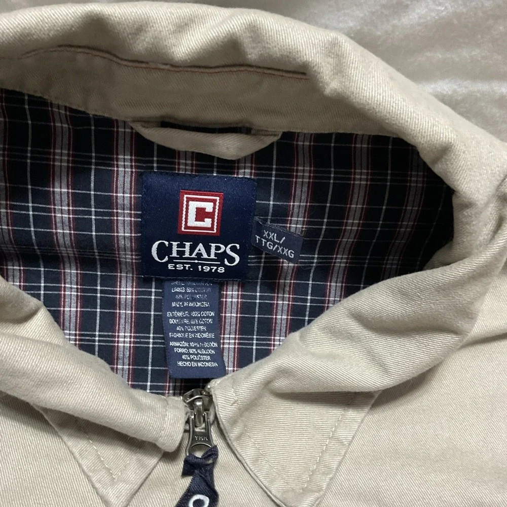 Chaps Jacket Mens 2xl Khaki Bomber Golfing Zip Up Casual Pockets Plaid Lined